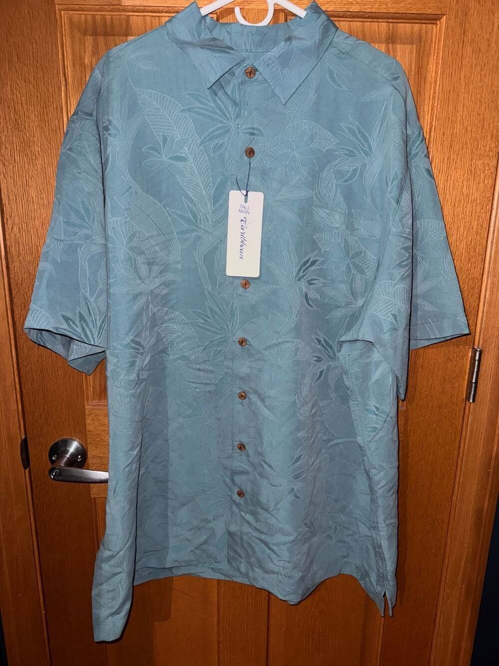 Caribbean Short Sleeve Button-Up Shirt Size 3XT Blue Tropical Leaf Jacquard